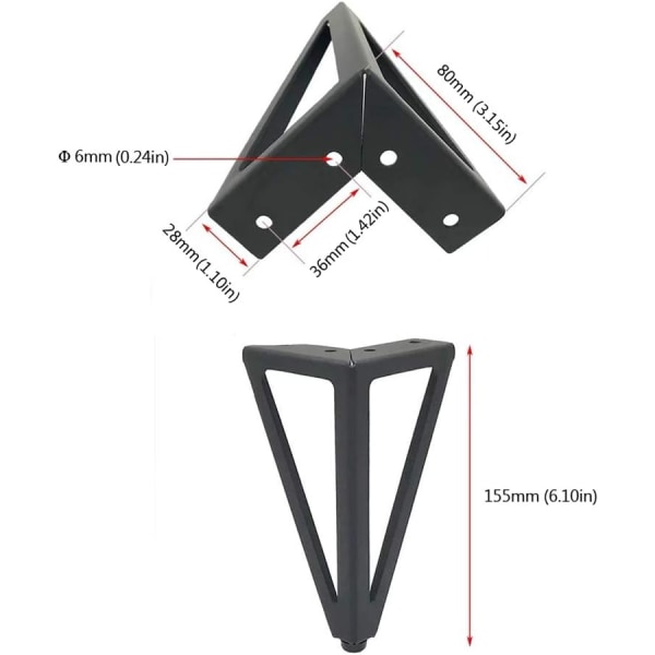 4 pakker møbelben (15 cm, sort), metalbordben, 15 cm sort