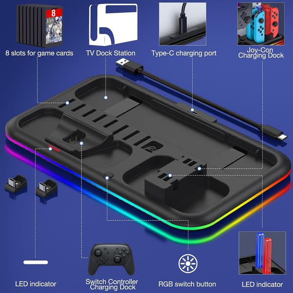 7 i 1 LED-opladerdock kompatibel med Joy-Cons og controller