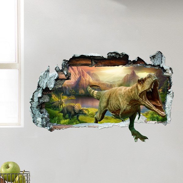 3D dinosaurie väggdekaler bryter igenom stora dino djungel dinosaurie väggdekaler baby pojke barn sovrum