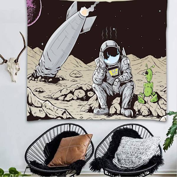 200x150cm Trippy Astronaut Gobeläng, Raketkrasch på Alienplan