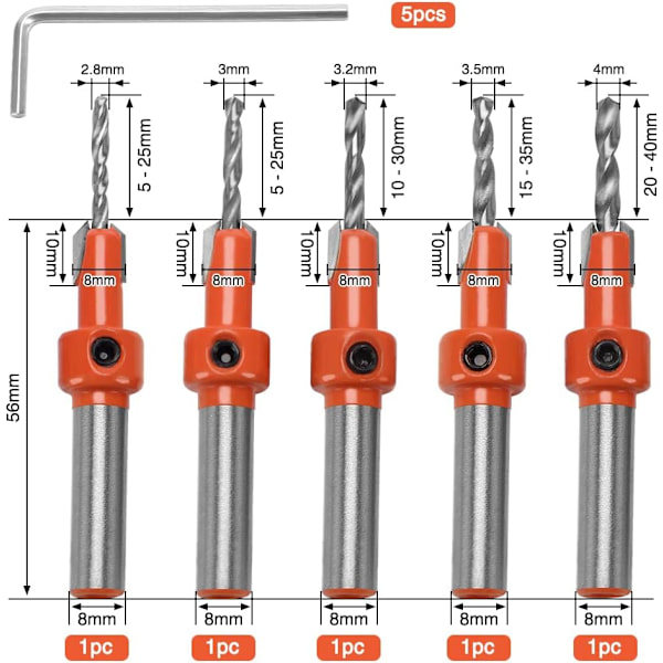5 st 8 mm Träfasade Borr Bits Countersink Fasade Countersink Borr Bits för Träbearbetning med Hex Nyckel och Skruvar
