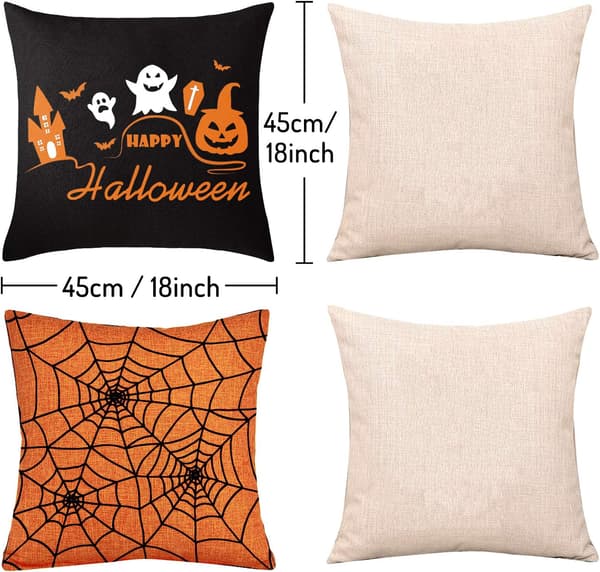 Sæt med 4 Halloween-pudebetræk, orange og sorte pudebetræk, Happy Halloween linned sofa seng Cus