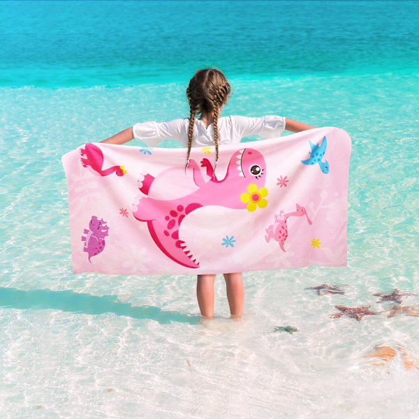 Dinosaurie Barn Strandhandduk - 70 x 150cm Mikrofiber Dino Sandfria Handdukar för Flickor Bad Pool Camping