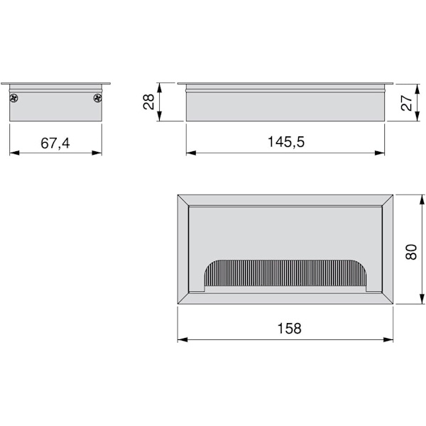 Neliömäinen kaapeliläpivientikansi 160x80mm upotukseen pöytälevyyn,