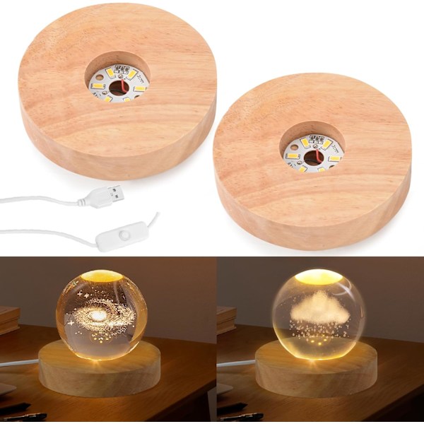 2-pack Displaybas i trä med LED-belysning och USB-strömbrytare för skrivbordsvisning av kristallkula, glas, harts
