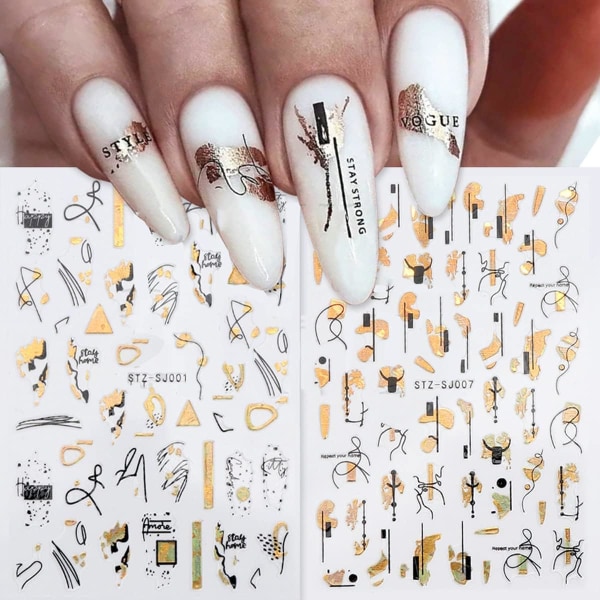 Guld abstrakta nagelklistermärken Nail Art 9 ark självhäftande nagel