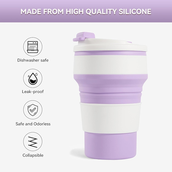 500ml Vikbar Mugg för Resor, Vikbar Silikon Resemugg för Varma och Kalla Drycker, Lila