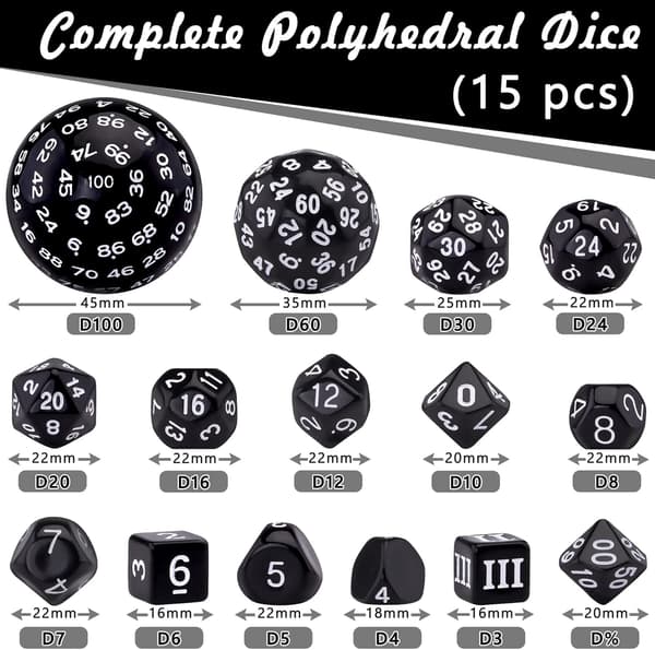 15 stk Polyhedriske Terninger Sæt, Sort og Hvid, Polyhedriske Terninger Sæt til DND RPG