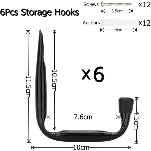 Sett med 6 (11,5 cm x 10 cm) kraftige J-formede veggkroker W