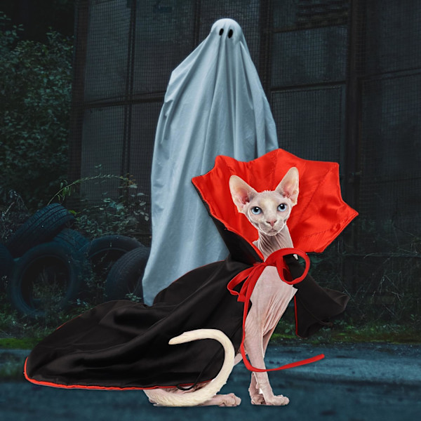 Halloween kattekostume, rød sort kat vampyrkostume sød vampyrkostume kæledyr kattekappe hundekappe H