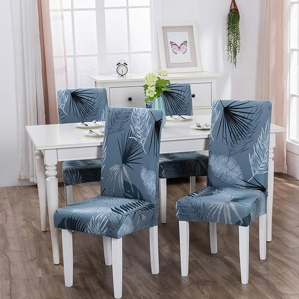 Matstolsöverdrag (Sommar Blå-Blad, Set om 4), Moderna Elastiska Hållbara Stolsöverdrag Stretch Stolsöverdrag
