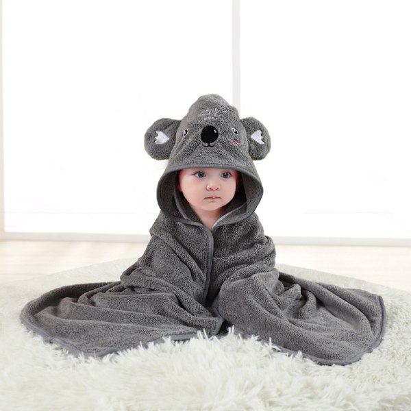 (Gray Koala) Hooded Baby Towel, Baby Bath Towel with Hood, Unique Animal Design Baby Towel