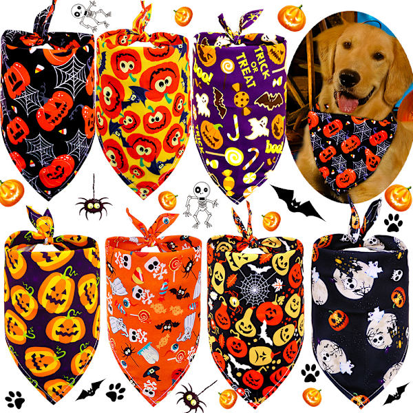 7 st Halloween hundhalsduk, husdjurshalsduk, hundbandana, tvättbar triangel hundhalsduk, pumpa och spökmönster