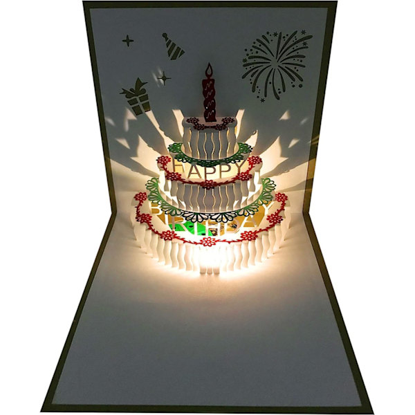 (Gullkake + Musikk Gult Lys) 1 stk 3D Pop-up Bursdagskort, Automatisk Spiller Musikk Varm LED Lys