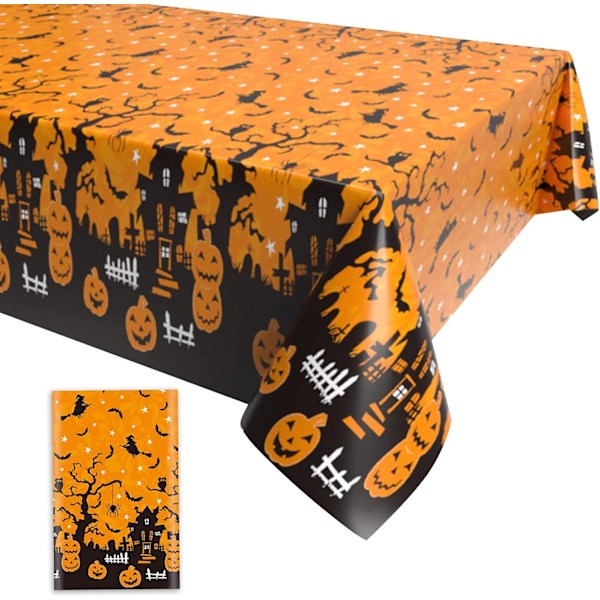 Halloween-dug, orangefarvet, uhyggelig græskar, rektangulær plastikdug, 130 x 220 cm, stor sal