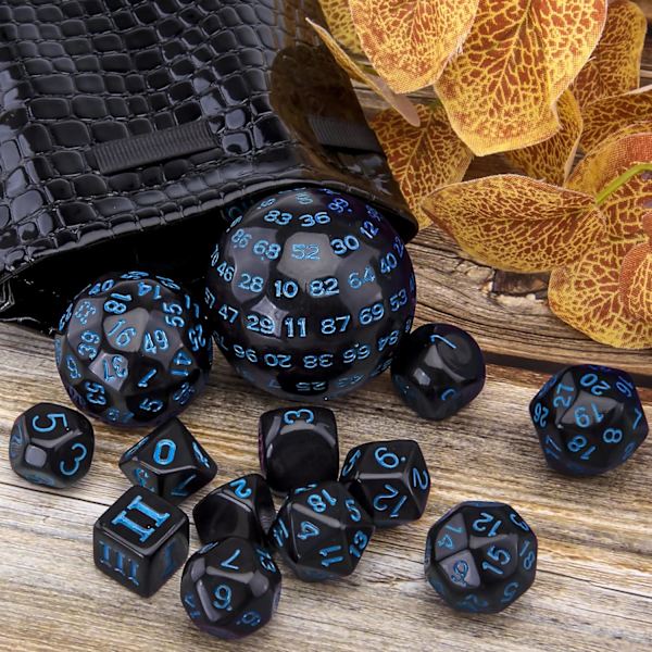 15 kpl Polyhedral-noppasetti, Musta ja Sininen, Polyhedral-noppasetti DND RPG:lle