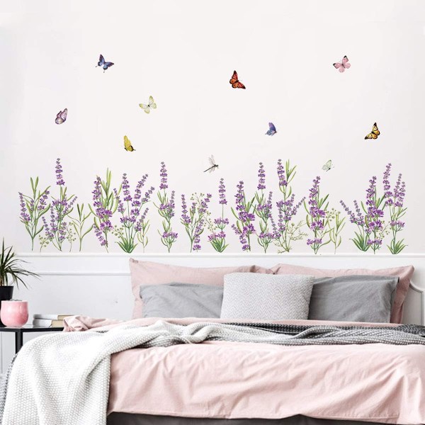 decalmile Veggdekor med lavendelblomster, hjørnelist, gress, sokkel, veggdekorasjon, soverom, barn, stue