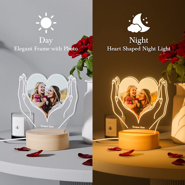 Hjärtformad nattlampa Personlig foto ram med lysande fotogåvor till mamma fru par sovrum