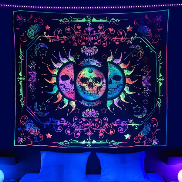 Blacklight Trippy Sun and Moon Stars Tapestry UV Reactive Skull Tapestry Wa