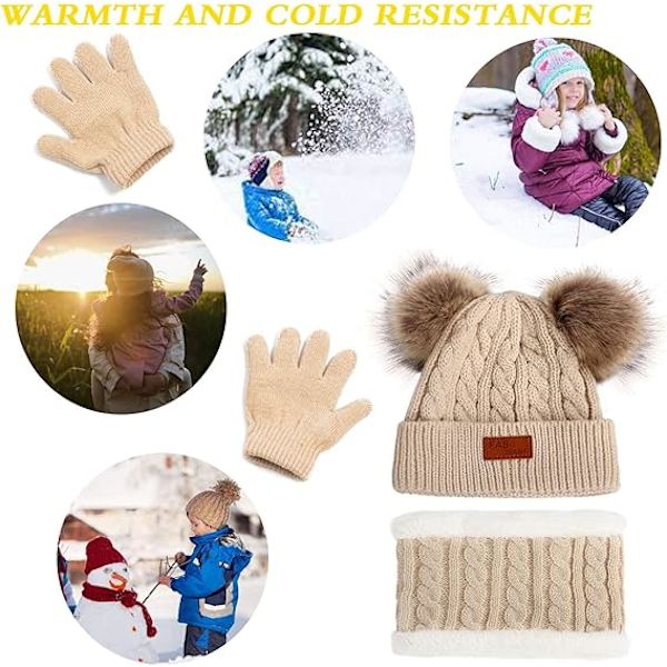 Barn Vinter Varma Mössa Halsduk Vantar Set Khaki Termisk Stickad Virkad Tjock Fluffig