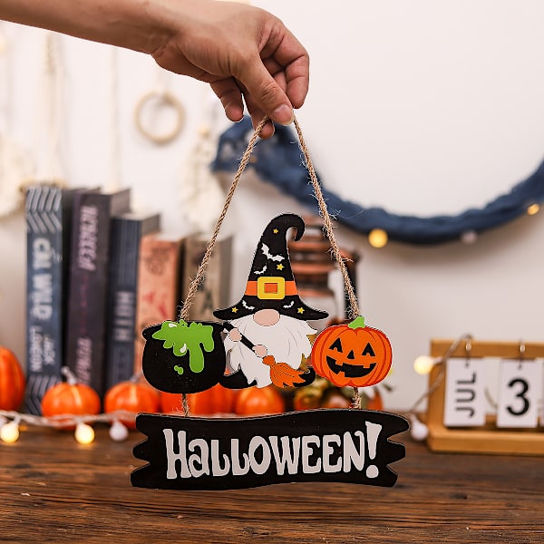 Träskylt med leende pumpa ansikte, välkommen Halloween dörrhängande skylt, träskylt för hemmet, av