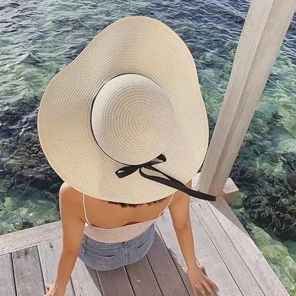 Dame Halmhatt Sommer Strand Solhatt Floppy & Foldable med Stor Bred Bremm & Bowkn