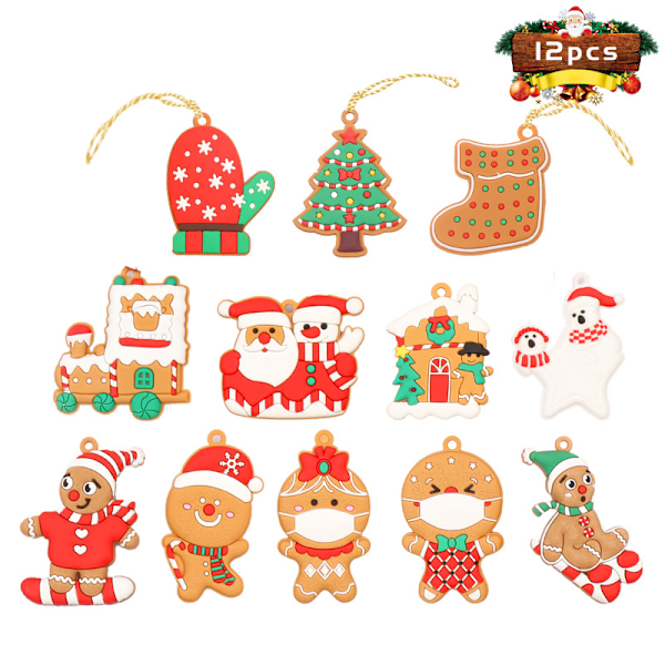 12 stycken pepparkaksgubbe julgranspynt (4*7cm), Mini pepparkaksgubbe pynt, Julgranshängande De