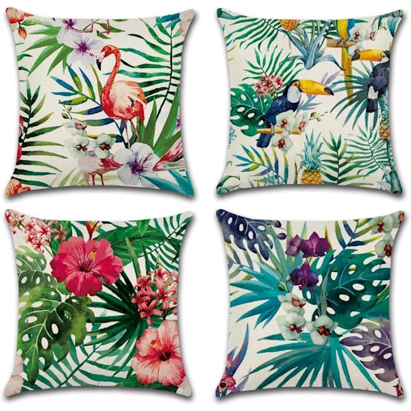 Utekuddöverdrag Set om 4 (45x45cm), Vattentäta Tropiska Växter Blommor Fåglar Mönster Kuddöverdrag för Soffa