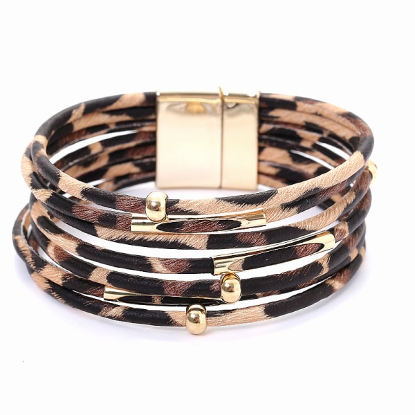 Leopardarmbånd for kvinner, omslagsarmbånd i flere lag med lær, magnetisk lås, mansjettarmbånd