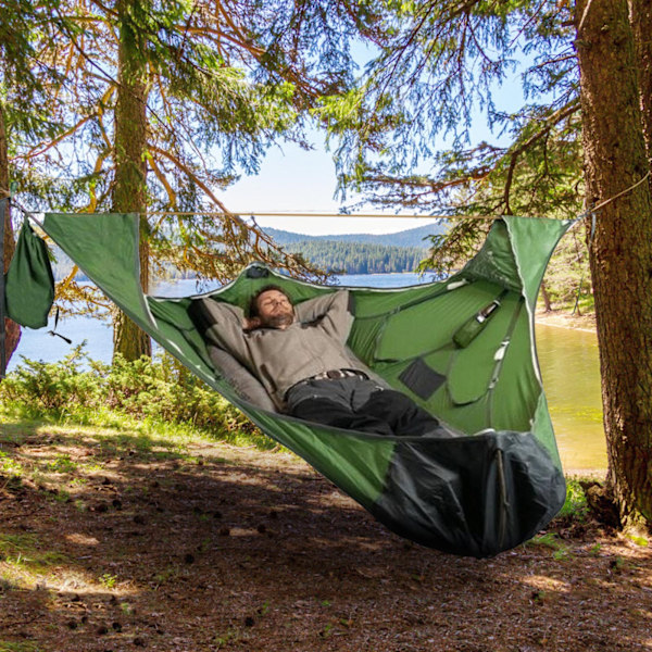 Bærbar utendørs camping hengekøye med myggnett hengende blå