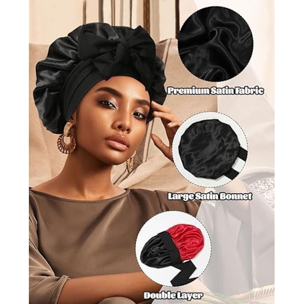 Satin Bonnet Siden Bonnet för Sovning Siden Nattmössa Dubbellager Hårmössa med Elastiskt Band för (Black+Red)