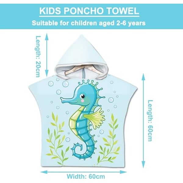 （Seahorse）Kids Hooded Bath Poncho, Microfiber Bath Towel Kids Be