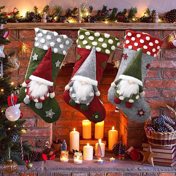Julstrumpor att hänga 3-pack Eldstadsprydnad, Julstrumpor Tomte Rensa Snögubbe Tyg Presentpåse, Chris