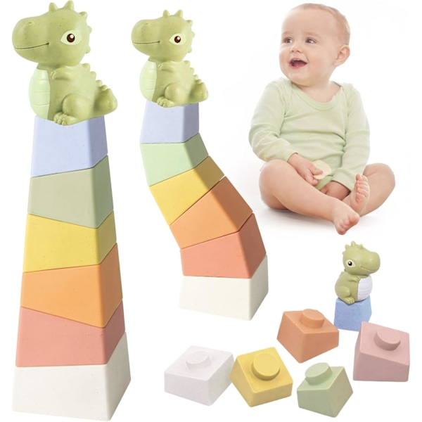 Dinosaurer Bløde Stakke-Tårn Sansestimulerende Tyggelegetøj til Baby til Stakkespil, Baby Legetøj 1 År Gammel, Montessori Edu I