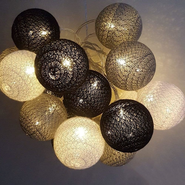Snorrebånd med Bomuldsbolde Batteri (Grå) - 3,8M 20 LED Lys Belysning til Soveværelse Gardin Fest Ch