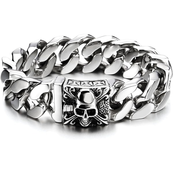 Mænds Stor Rustfrit Stål Curb Chain Armbånd med Fleur de Lis og Kranium, Gothic Biker W