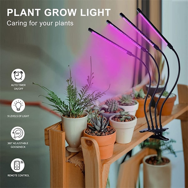 （rød）Plantelampe, Ny LED 4 Hoder Grolampe, AUTO Timing - PÅ/AV Hortikulturell Led Lampe for Frøplante