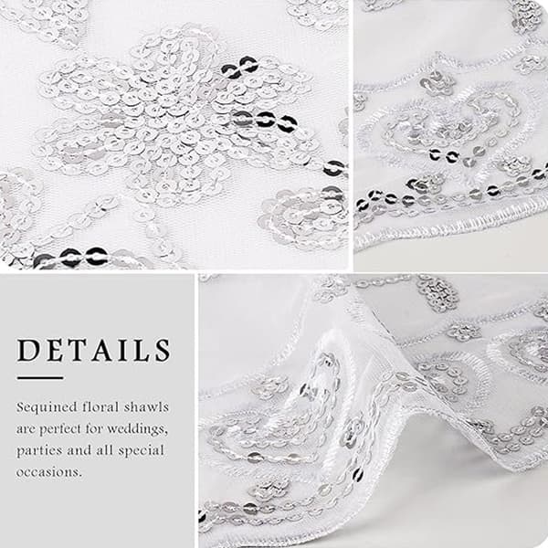 Sequin-besat blomsterkappe og sjal til aftenkjoler, kvinders glitrende gennemsigtige mesh bryllupskappe til aftenfester White