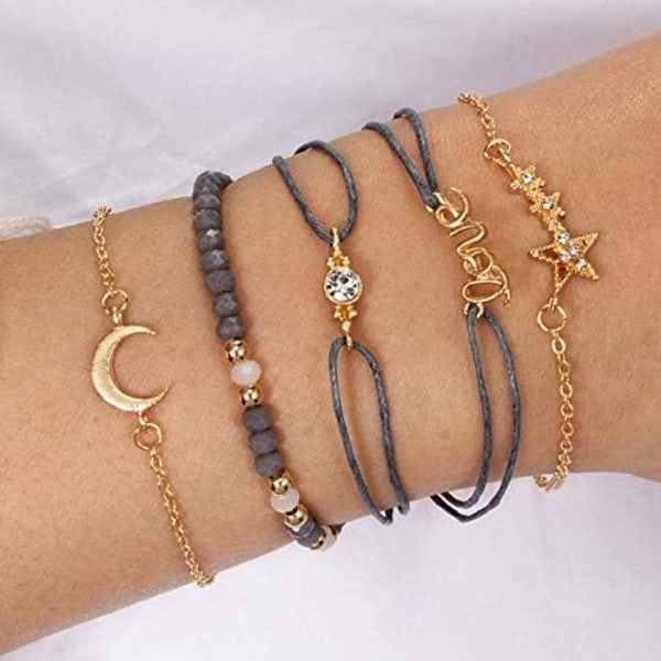 Set med 6 boho armband Stjärnor och måne kristall och ädelstenar pärlade armband handgjorda handkedjor för kvinnor och flickor D
