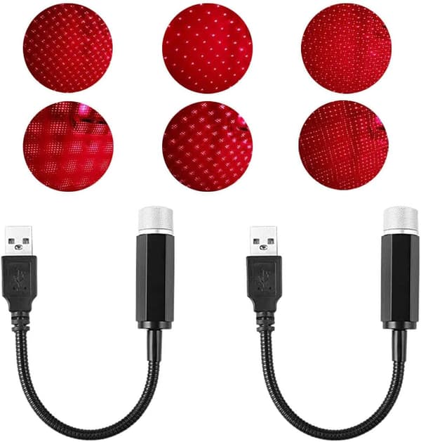 2 stk. USB rød stjerne natlys projektor, biltag natlys