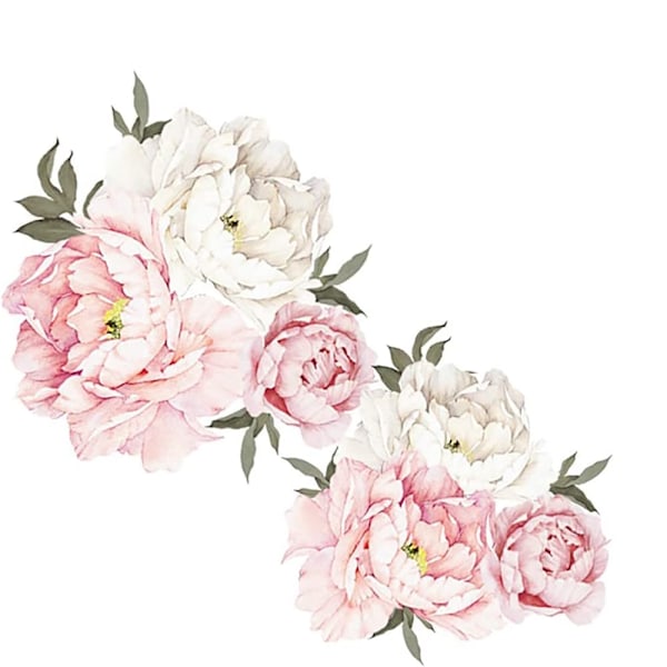 PEONIES seinätarra (54x53 cm) | Itsekiinnittyvä seinätarra vaaleanpunaiset valkoiset kukat romanttiset kasvit lehdet | Sisustus