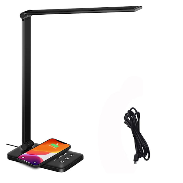 LED-skrivebordslampe med trådløs lader, USB-ladeport, dimbar øyepleie