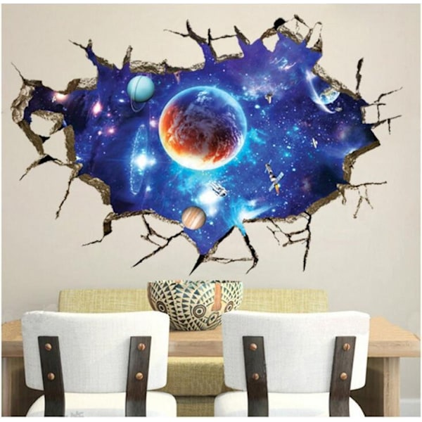 3D Broken Wall Space Planet 3D Veggdekor Klistremerke Soverom Stue Takdekorasjon Dekal