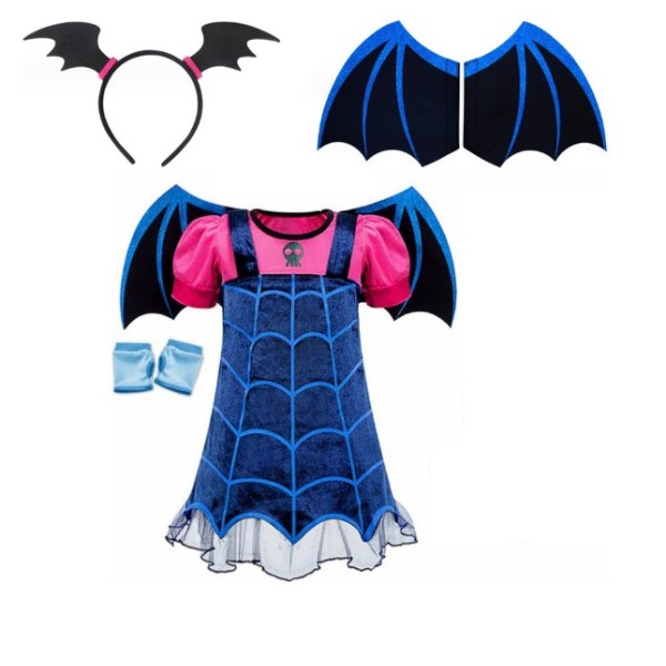 (120cm) Jente Vampyr Kostyme Halloween Kostyme Svart Vinger Kjole med Flaggermus Hodebånd og Hanske for Hal