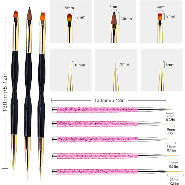 8 st Nail Art Pensel, 5 st Rosa Nagel Detaljpensel, 3 st