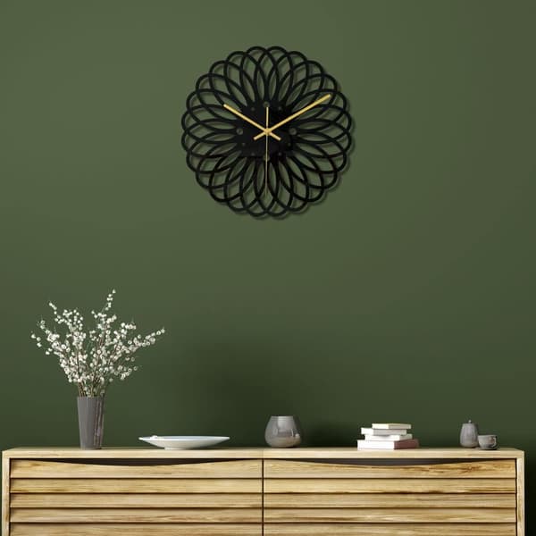(Blommönster) Svart rund ram Väggklocka DIY Tyst modern design Väggklockor Lämplig för sovrum Vardagsrum Kontor