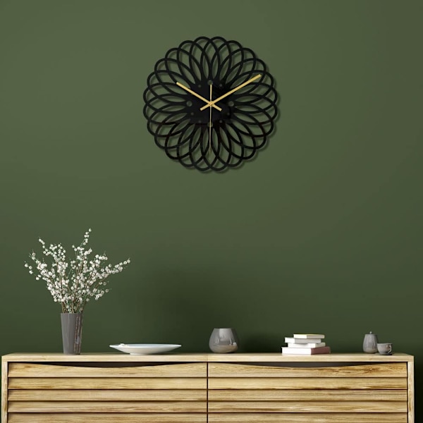 （blommönster）Svart rund väggklocka DIY tyst modern design väggklockor lämplig för sovrum vardagsrum kontor konstdekoration