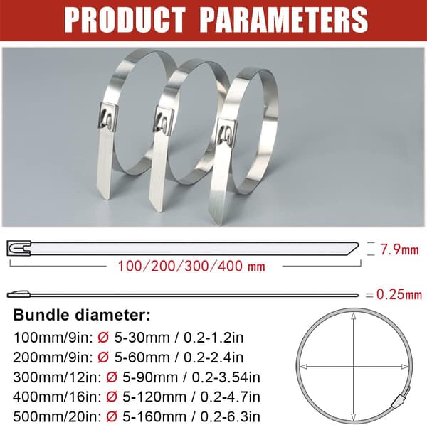Metal Kabelbindere 100 * 7,9mm, Rustfrit Stål Kabelbinder Sølv Tung