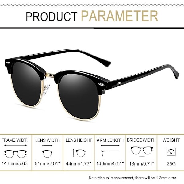 Semi-rammeløse polariserte solbriller for menn - UV400-beskyttelse Retro halvramme solbriller Unisex Polarize