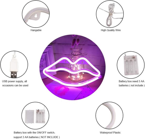 Neonlys LED, rosa lepper, USB/batteridrevne neonlys, Neo